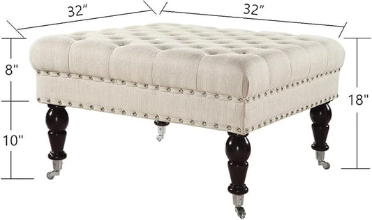 24KF Large Square Upholstered Tufted Button Linen Ottoman Coffee Table, Large Footrest Bench with Casters Rolling Wheels-Ivory