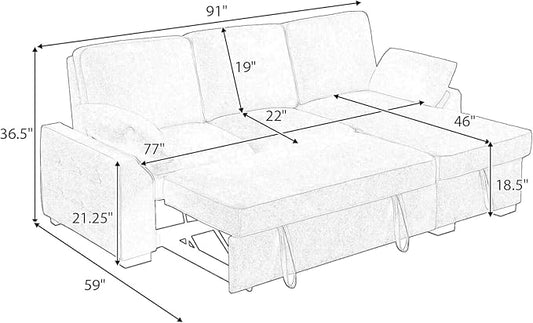 ERYE L-Shaped Pull Out Sleeper Couch Bed, Modern Chenille Upholstered Button Tufted Corner Couch Reversible Sectional Sleeper Sofa Bed W/Storage Chaise, Cup Holders