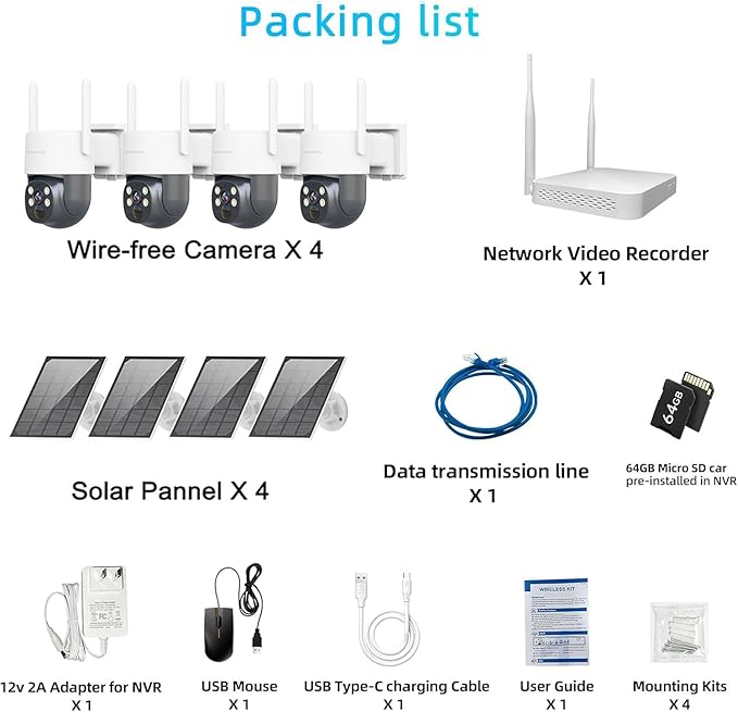 Solar Security Camera Outdoor Wireless NVR Security Kit, 4PCS 360° WiFi Security Cameras System with Night Vision, 64GB microSD Card, Local Storage for Home Surveillance Expandable 10CH