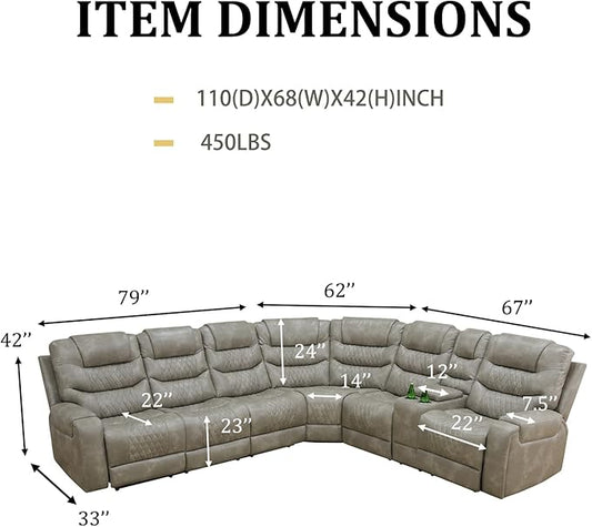 Breathing Leather Recliner Sectional Sofa with LED, Power Reclining Sectional Couch for Living Room, L Shaped Recliner Couch 6 Seat with USB Port&Cup Holders (Grey)
