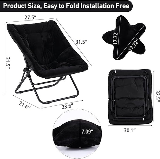 Welnow Comfy Saucer Chair, Oversized Folding Reading Chair for Adults with Throw Pillow Soft Faux Fur Lounge Chair for Bedroom Furry Accent Chair for Living Room, Dorm Rooms, Black