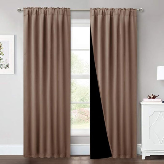 NICETOWN Complete Blackout Shades with Rod Pocket/Back Tab for Large Window, 100% Blackout Window Curtain Panels with Black Lined, 52 inches Width Each Panel, 95 inches Length, Cappuccino, 2 Pieces