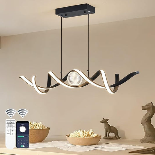 Modern LED Pendant Lights, Dimmable 39'' Spiral Wave LED Chandelier Lighting, Linear Swivel Black Dining Room Hanging Light Fixtures Kitchen Island Pendant Light for Dining Table (2340lm)