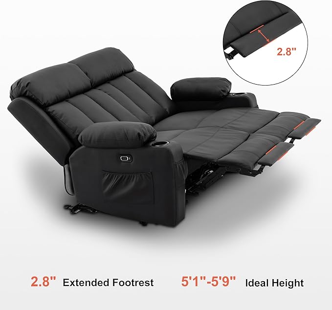 MCombo Zero Gravity Loveseat Recliner with Heat and Massage, Power Reclining Sofa for Living Room, Faux Leather 6075 (Black, Loveseat Recliner)