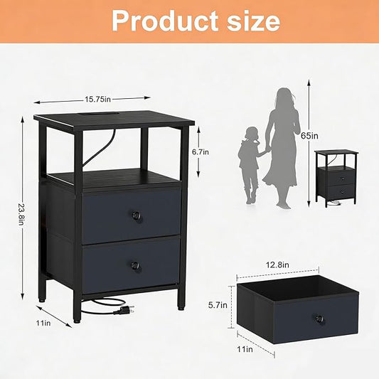 Nightstand with Charging Station, Bedside End Table with 2 Fabric Drawers for Bedroom, Side Table with USB Ports and Outlets (Black)