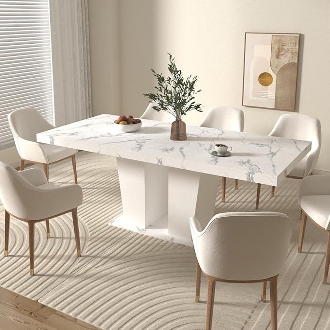 KEIKI Extendable Dining Room Table for 6-10 Person, Modern Large Rectangular Kitchen Tables w/Dual Column Pedestal Base for Kitchen Living Room, White Marble