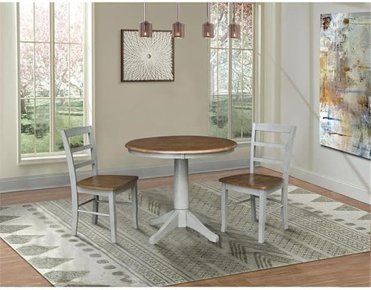 IC INTERNATIONAL CONCEPTS Wood Dining Table with 2 Madrid Ladderback Chairs in Distressed Hickory/Stone