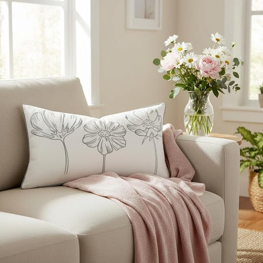 Sunkifover Decorative Floral Lumbar Pillow Cover 12x20 Inch Grey and White Cotton Embroidery Flower Throw Pillowcase Cushion Cover for Bed Bedroom, Living Room, Sofa