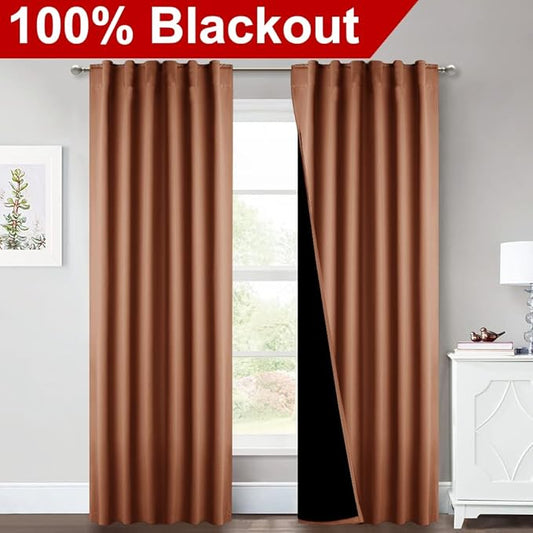 NICETOWN Full Shade Burnt Orange Curtain Panels 84 inches Long, Pair of Energy Smart & Noise Blocking Out Blackout Drapes for Sliding Glass Door, Thermal Insulated Guest Room Lined Window Dressing