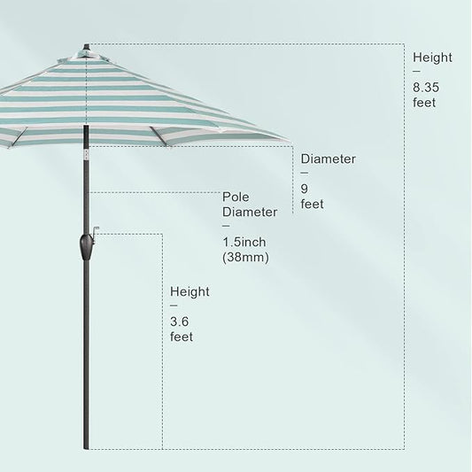 Tempera Striped Patio Umbrellas Outdoor Table Market Umbrellas with Crank & Pust Button Tilt|Auto-Tilt, 8 Steel Ribs, High Color-Fastness Canopy