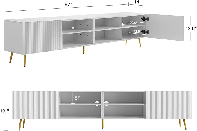 Modern 86in TV Stand for Living Room, Fluted Design Entertainment Center with Adjustable Shelves,Media TV Console Table with Storage for Bedroom,White