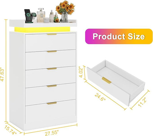 Tall Dresser for Bedroom, White Dresser with LED Lights, Wood 5 Drawer Chest with Power Outlet, Modern Chest of Drawers for Bedroom, Living Room, Entryway, Hallway