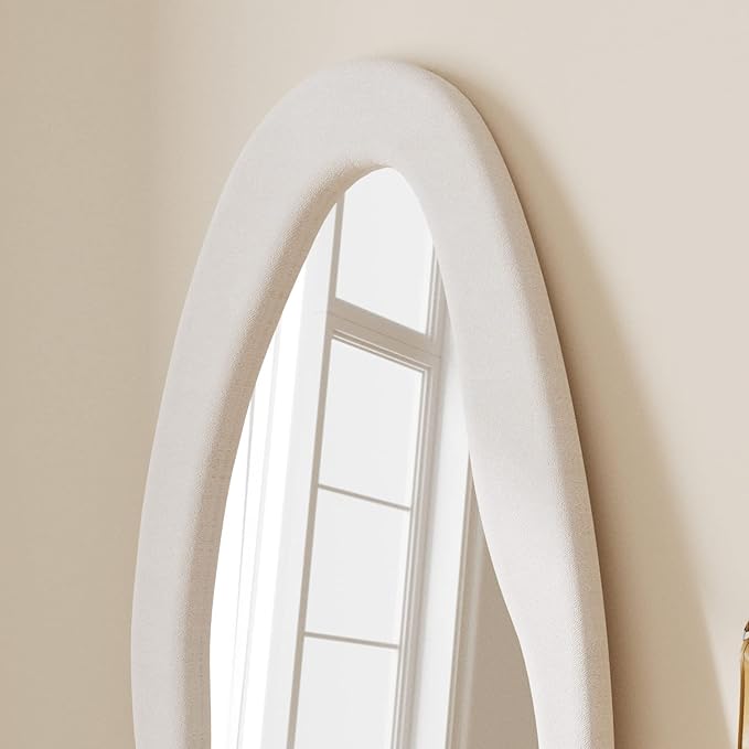 TinyTimes 63" x 24" Full Length Mirror Irregular Wavy Floor Mirror, Standing Wall Mirrors Large Hanging Mirror for Bedroom, Living Room, Flannel Wooden Frame, White
