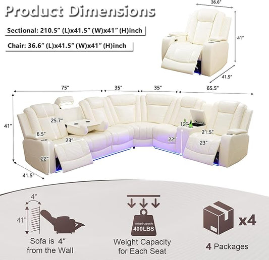 Leather Power Recliner Sectional Sofa Set with LED Lights, L Shaped Reclining Sectional Couch and Chair, Breathing Leather Sofa Set with Coffee Table/USB Port for Living Room