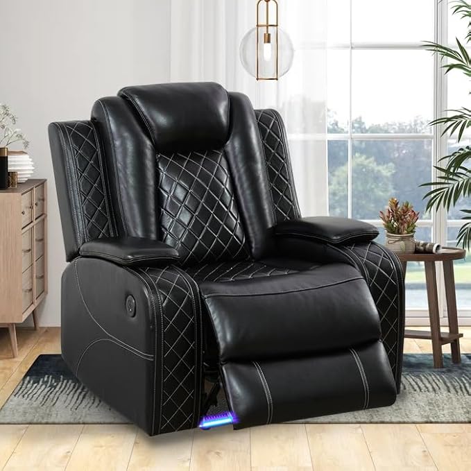 Power Leather Recliner Sofa Chair, Living Room Furniture Sets, Breathing Leather Reclining Couch Chair, Single Black Recliner with Padded Arm/Charging Port/LED for Home Theater/Office, Black