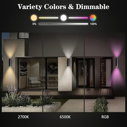 KIZON Smart Porch Lights 2 Pack, RGB Modern Outdoor Wall Lights Dusk to Dawn Exterior Lighting Fixture App Control with Remote, Up and Down Outdoor Sconce Lights for House Patio Garage