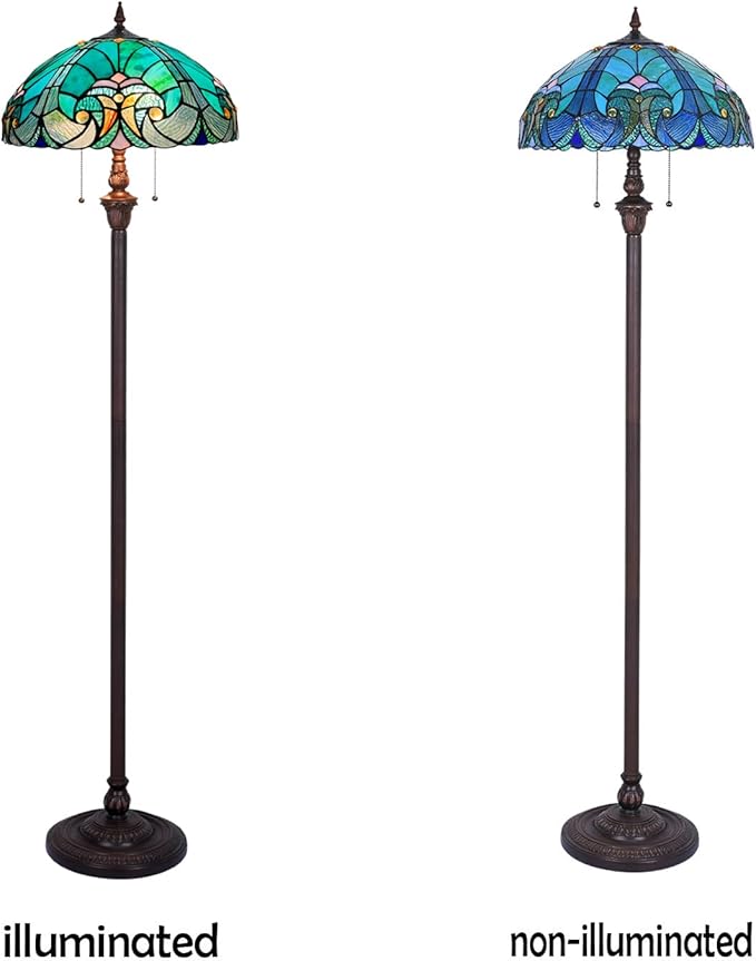 Tiffany Floor Lamp,Stained Glass Lamp Shade,Vintage Antique Style Standing Double Light for Living Room & Bedroom