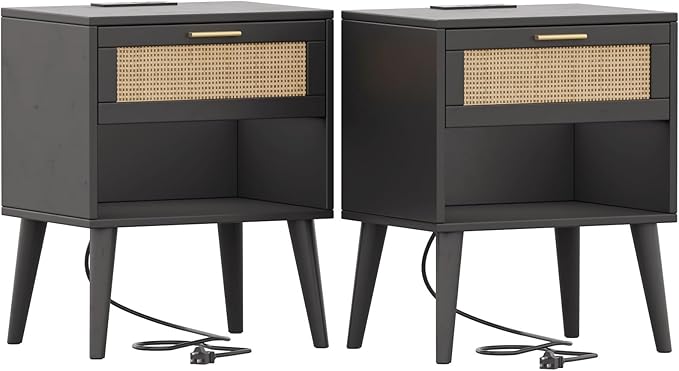 Irontar 17.7'' Wide Rattan Nightstand Set of 2, Bedroom Night Stand with Charging Station & Drawers, Boho Bed Side Table with Solid Legs, Accent End Side Table with Open Shlef, Black and Natural