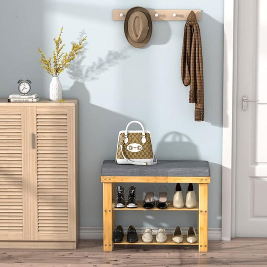 Domax Shoe Rack Bench for Entryway - Bench with Shoe Storage Front Door Shoe Bench with Cushion Upholstered Padded Seat 3 Tier Bamboo Shoe Holder for Entry Indoor Entrance Hallway Bedroom Living Room