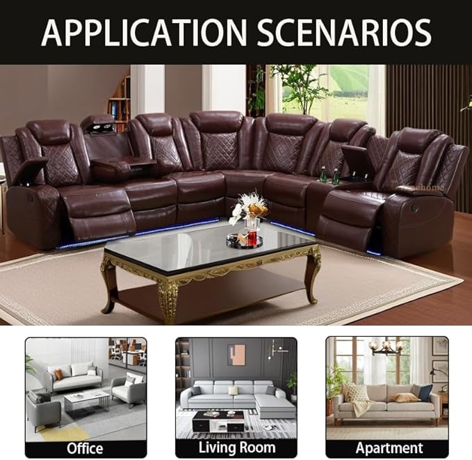 A Ainehome Power LED Reclining Sectional Sofa Set, Living Room Power Recliner Adjustable Sofa, Loveseat and Chair with Storage Console for Home/Office(A-Brown)