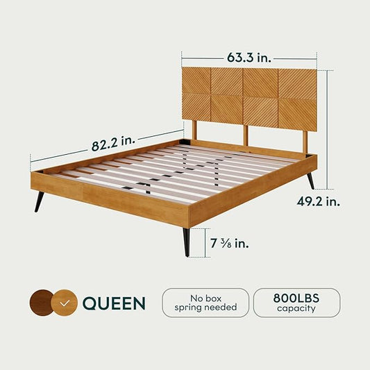 Bme Rhombus Queen Bed Frame – Solid Rubber Wood with Geometric Rhombus Headboard, Teak Brown Finish, Scandinavian Modern Platform Bed with Sturdy Slats & Metal Legs, No Box Spring Needed