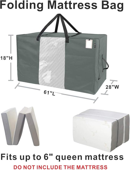 HYPER VENTURE Folding Mattress Storage Bag - Durable Carry Case Fits for Tri-Fold Up to 6 inches Queen Mattress, Grey