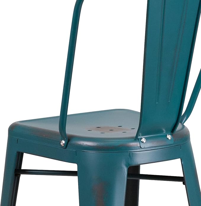 Flash Furniture Blake Commercial Grade 4 Pack 30" High Distressed Kelly Blue-Teal Metal Indoor-Outdoor Barstool with Back