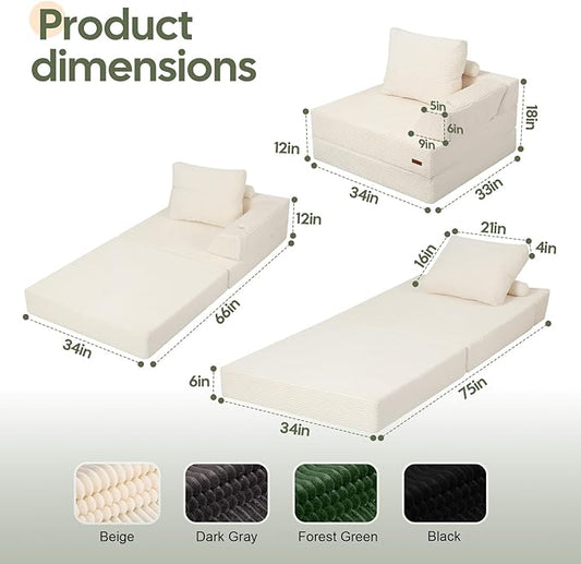 COMAX Folding Sofa Bed, Foldable Couch for Bedroom, Corduroy Convertible Floor Sleeper Futon Chair Foam, 3 in 1 Fold Out Chair Portable Comfy Lounge Couch Single Sofa Bed for Small Space Guest Room