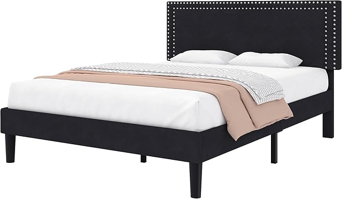Full Size Platform Bed Frame with Adjustable Upholstered Headboard, Modern Mattress Foundation,Strong Wood Slat Support, No Box Spring Needed, Easy Assembly