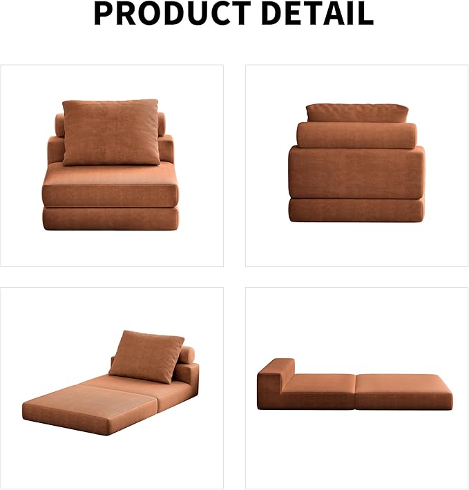 Folding Sofa Bed, 3-in-1 Convertible Sleeper Chair Bed with Pillows, Foldable Floor Couch with High-Density Foam, Futon Small Boneless Couch for Living Room Bedroom Lounge, Single, Brown