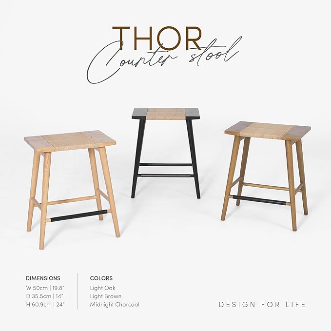 Thor Wicker Premium Solid Wood Counter Stool 24", Backless Counter Height Seating with Hand-Knitted Rope, Eco-Friendly Modern Design (Light Oak)