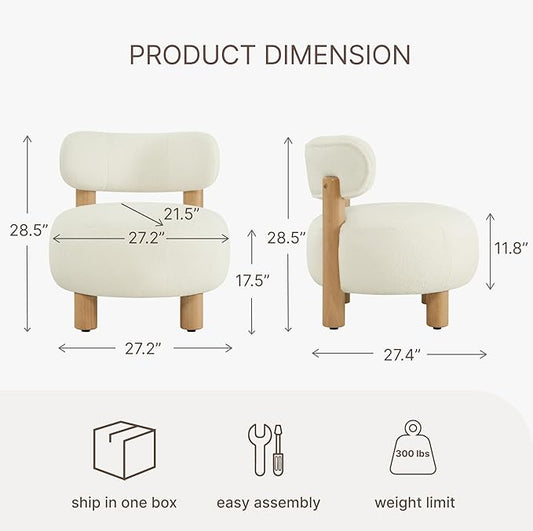 Modern Boucle Accent Chair, with Plush Faux Sherpa Upholstery, Curved Backrest, Solid Wood Legs for Living Room Bedroom Reading Nook, 27.5", White