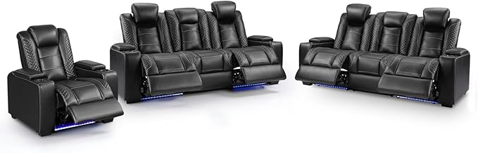 ANJ Modular Power Recliner Set: 5-Seat Home Theater Seating with 2 Loveseats (Center Console & Fixed Middle), LED Lights, USB Charging, Faux Leather for Living Room (Black)