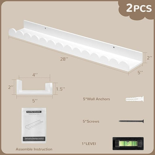 Fun Memories 28 Inch Scalloped Floating Shelf, White Picture Ledge for Wall, Set of 2, Nursery Book Shelves for Baby Room, Kids Rooms, Bedroom