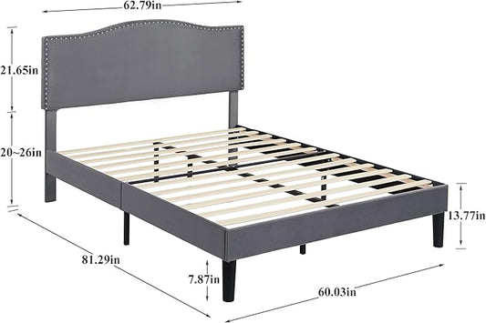 VECELO Queen Bed Frame, Platform Bed Frame with Adjustable Height Upholstered Headboard, Heavy-Duty Frames and Strong Wooden Slats Support, Non-Slip and Noise-Free, Easy Assembly, Dark Grey