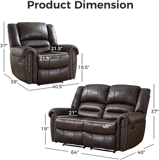 EBELLO Manual Recliner Sofa Set, Faux Leather Reclining Living Room Set, Included Single Recliner Chair and Loveseat Manual Sofa, Vintage Rivet Mid-Century Design for Living Room, Dark Brown