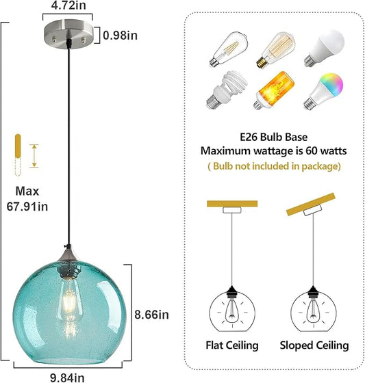 Light Blue Glass Pendant Lights Kitchen Island Globe Pendant Light Fixtures Modern Pendant Lighting for Bedroom Living Dining Room Light Fixture (9.84 in, 2 Pack)