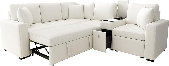 ERYE 120.5-Inch Oversized Sleeper Sectional Sofa W/Pull Out Sleeper Couch Bed, Modern Chenille Upholstered Reversible Modular Sectional Sleeper Sofa with Console & Cupholders | Storage