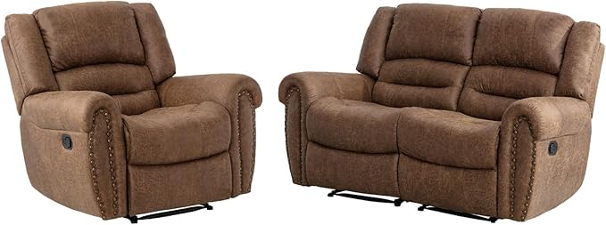 EBELLO Manual Recliner Sofa Set, Faux Leather Reclining Living Room Set, Included Single Recliner Chair and Loveseat Manual Sofa, Brown