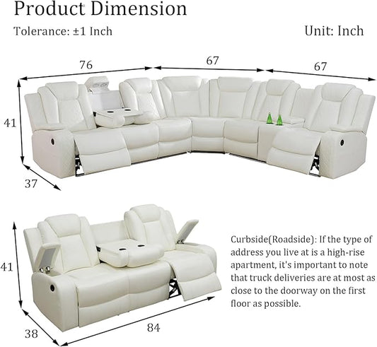 Power Reclinier Sectional Sofa Set,White Leather Reclining Sectional Modular Couch Set,L Shaped Leather Couch with LED Light for Living Room/House/Apartment/Lounge(L+3 Seats Sofa)