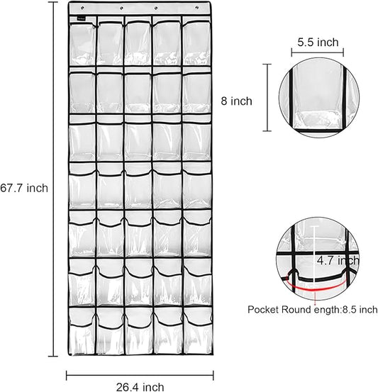 Clear Crystal 2 Pack 35 Pockets Large Hanging Shoe Organizer Over The Door Shoe Rack for Closet Door Storage Shoe Holder Hanger, 8Hooks, white