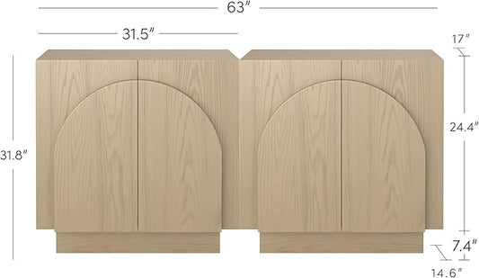 Nathan James Iris Mid-Century Modern Credenza, Light Brown TV Stand, Living Room Wood Storage Cabinet with Arched Cabinet Doors, White Oak, Set of 2