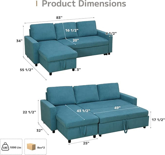 Yafylly L-Shaped Sleeper Sofa with Chaise Lounge & Storage, Pull-Out Couch Bed with Recliner, Full Size Futon for Living Room, Office, Apartment Teal