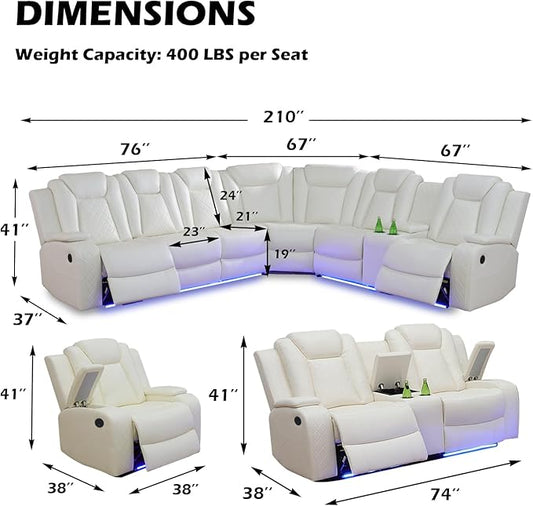 Leather Power Recliner Sectional Sofa Set with LED Light,L Shaped Leather Couch Set with 5 Recliner Seats,Modular Sofa with USB Port for Living Room Furniture(White,Sectional+Loveseat+Chair)