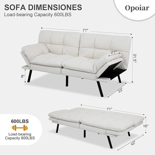 Opoiar Leather White Futon Sofa Bed Convertible Memory Foam Couch Bed Futon Sets Folding Modern Sleeper Sofa Loveseat for Studio,Drom,Apartment,Game Room and Small Space