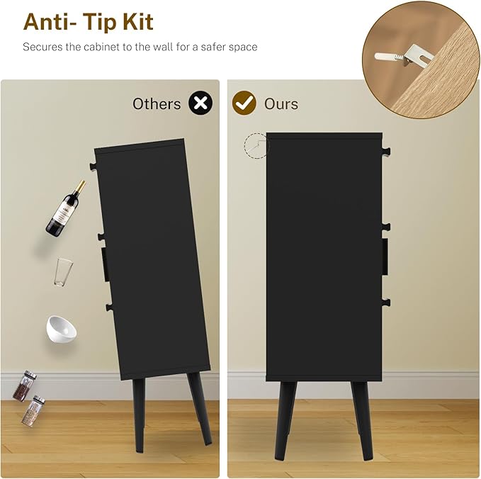 TEENFON Storage Cabinet with Adjustable Shelf & 3 Drawers, Rattan Cabinet with Doors, Freestanding Floor Accent Storage Unit for Living Room, Home Office, Natural + Black