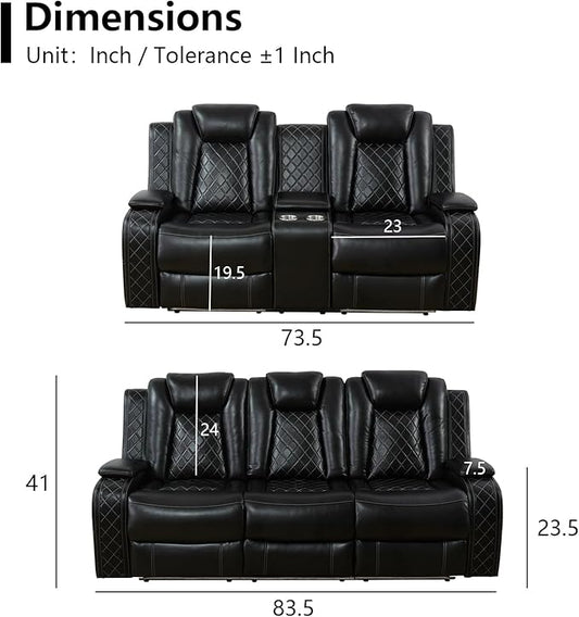 Power Leather Recliner Sofa Set with LED Light,Reclining Sofa and Loveseat,Leather Couch Set for 3 Seats Couch with Coffee Table/Loveseat with Storage Console 2 PCS for Living Room(Black,3+2)