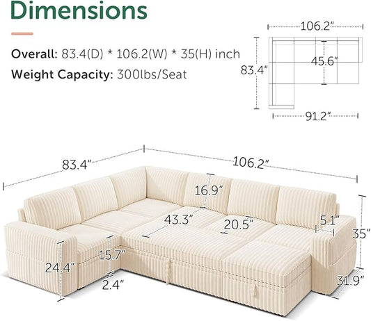 HONBAY Modular Sectional Sleeper Sofa with Pull Out Bed,Corduroy U Shaped Couch with Storage, Sectional Couches for Living Room,Beige