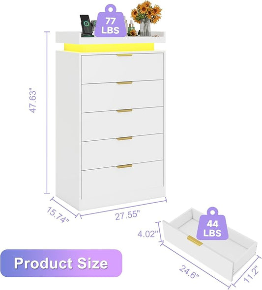 Tall Dresser for Bedroom, White Dresser with LED Lights, Wood 5 Drawer Chest with Power Outlet, Modern Chest of Drawers for Bedroom, Entryway, Hallway
