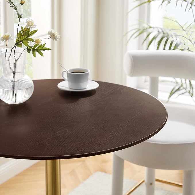 Modway Lippa Round 28" Cherry Walnut Wood Grain Mid-Century Modern Bar Table in Gold Cherry Walnut